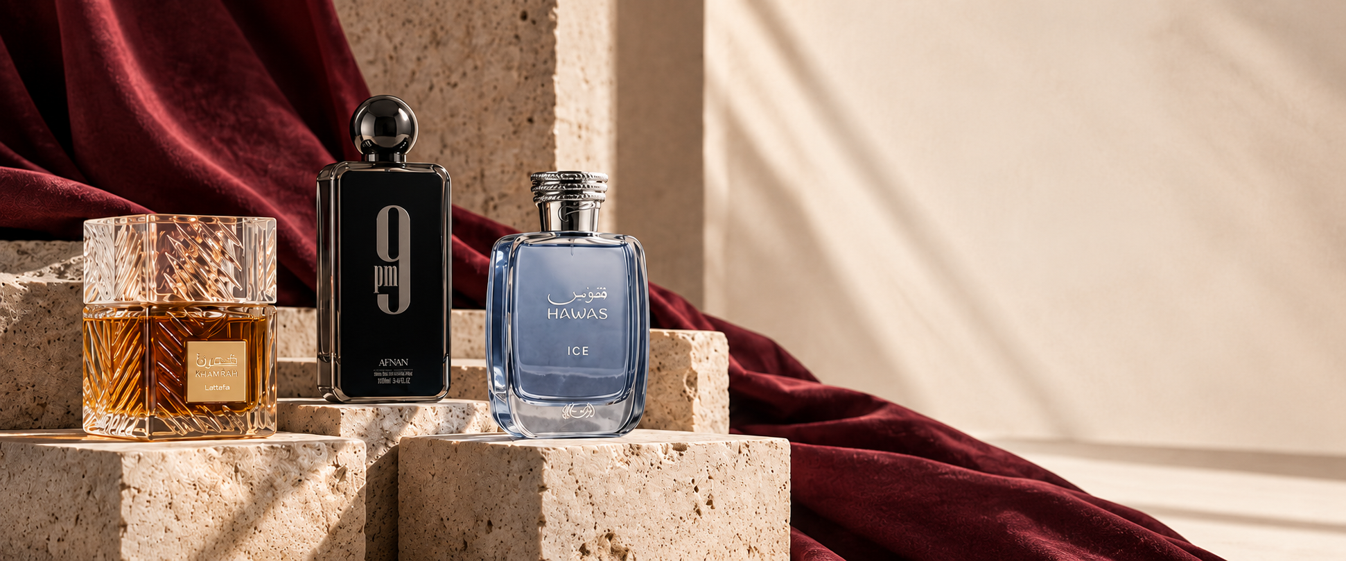 عطور على حجر طبيعي مع قماش خمري وإضاءة دافئة